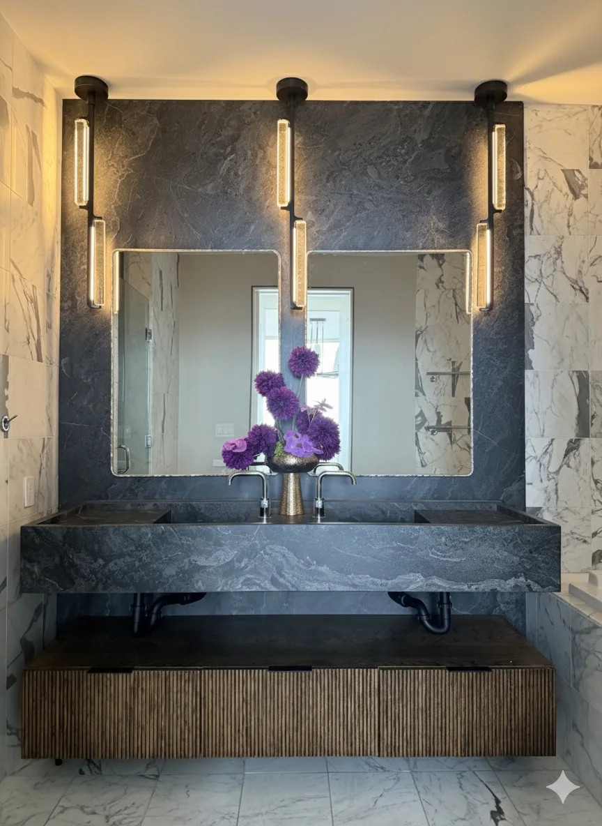 Dark stone floating vanity with backlit mirror
